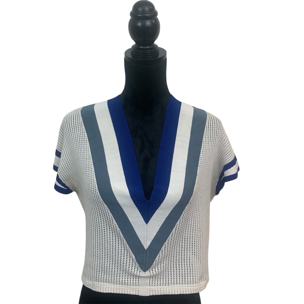 Rebecca Minkoff Women's XS Cotton Cream Top Mesh Knit Striped Short Cap Sleeves